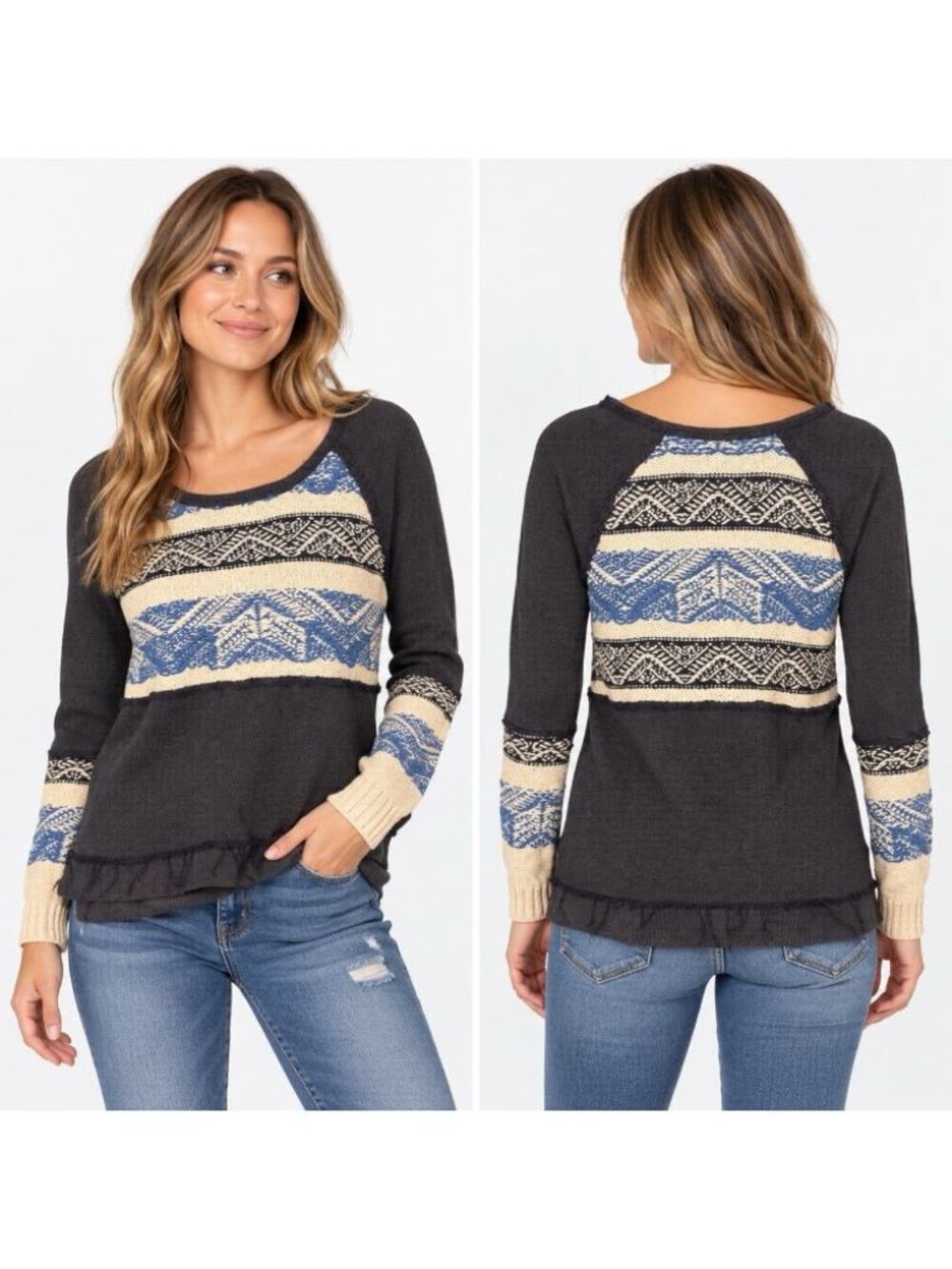 Free People Women’s Small Navy Blue Cream Fair Isle Angora Cotton Knit Sweater